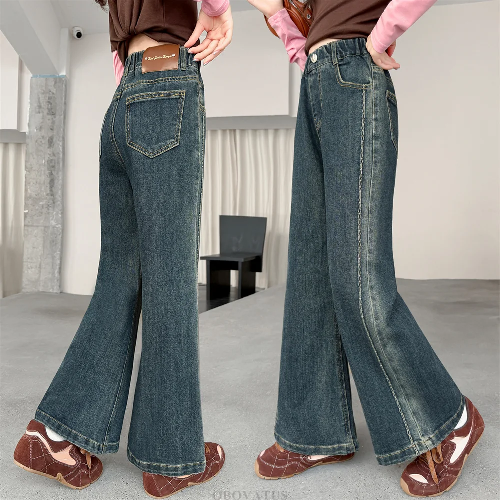Kids Fashion Bootcut Jeans With Side Spray Paint for Tween Girl Trend Bell Bottom Denim Pants Children Casual Flare Trousers
