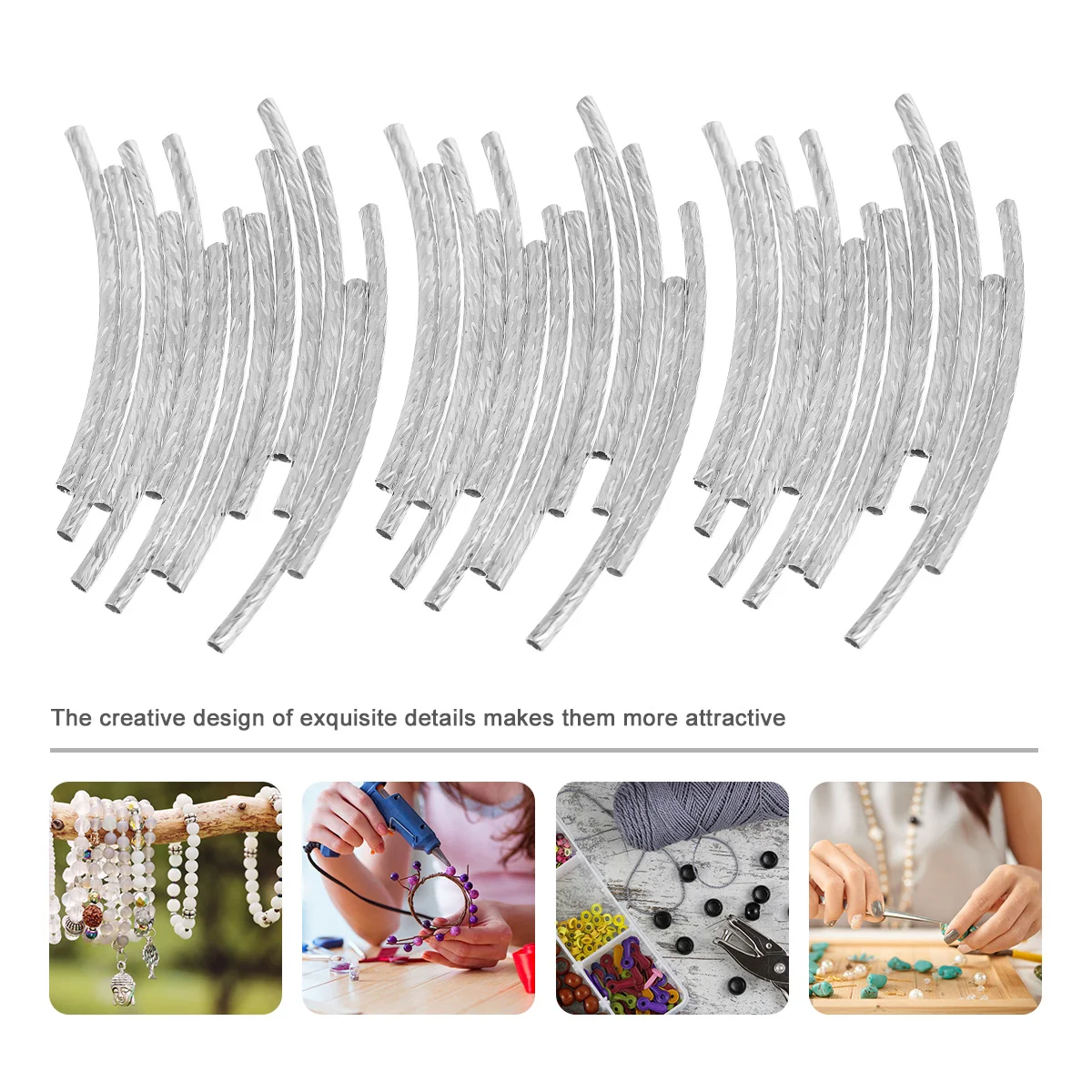 

200 Pcs Copper Beads Tube Spacer DIY Jewelry Making Supplies Silver Color Curved Bead Necklaces Bracelets Accessories Home Decor