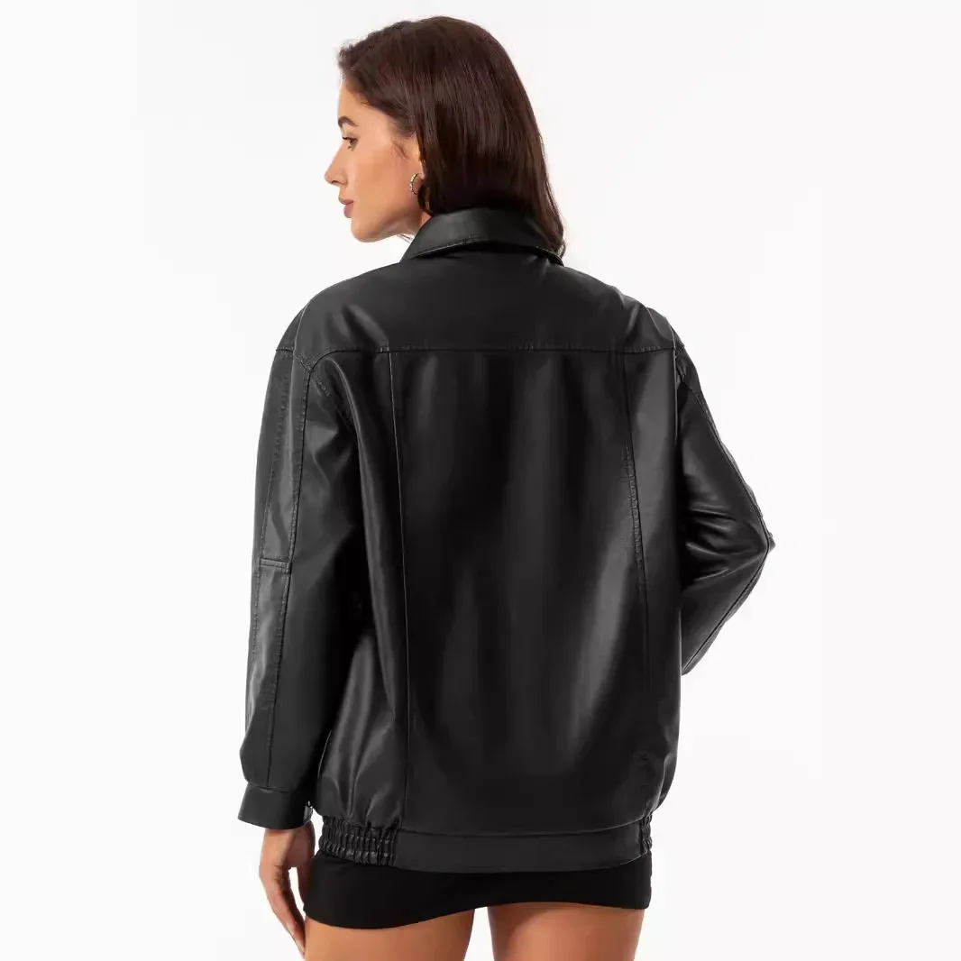 سترة نسائية من الجلد الطبيعي بمشبك فضفاض ومفتوح من الأمام معطف مثير متعدد الاستخدامات لأزياء ربيع الخريف #4