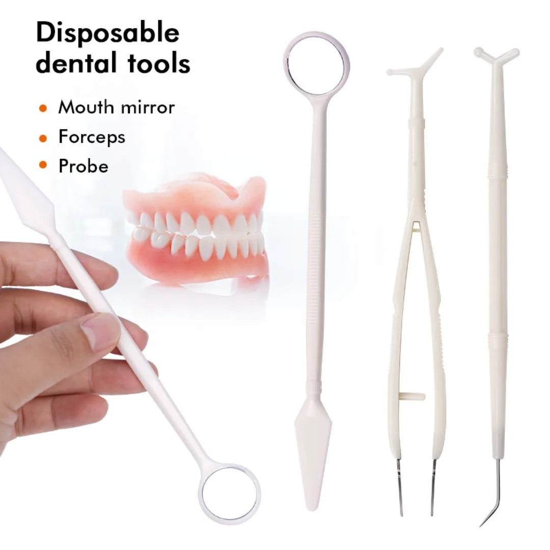 

10 упаковок одноразовых инструментов для чистки полости рта, набор из 3 шт., зеркало для рта, пинцет, зонд, стоматологические расходные материалы, принадлежности для стоматологического осмотра