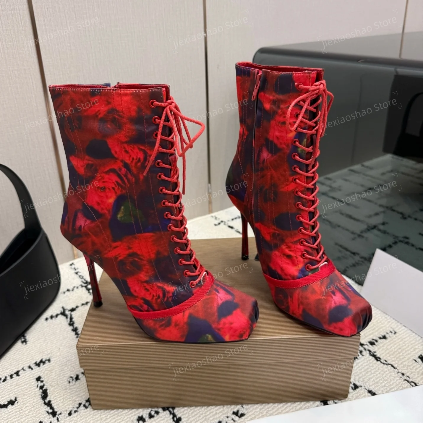 2026 Newest Sexy Genuine Leather Square-Toe Stiletto Ladies Lace-up Ankle Boots Banquet Leopard Pumps Handmade Zapatos De Mujer