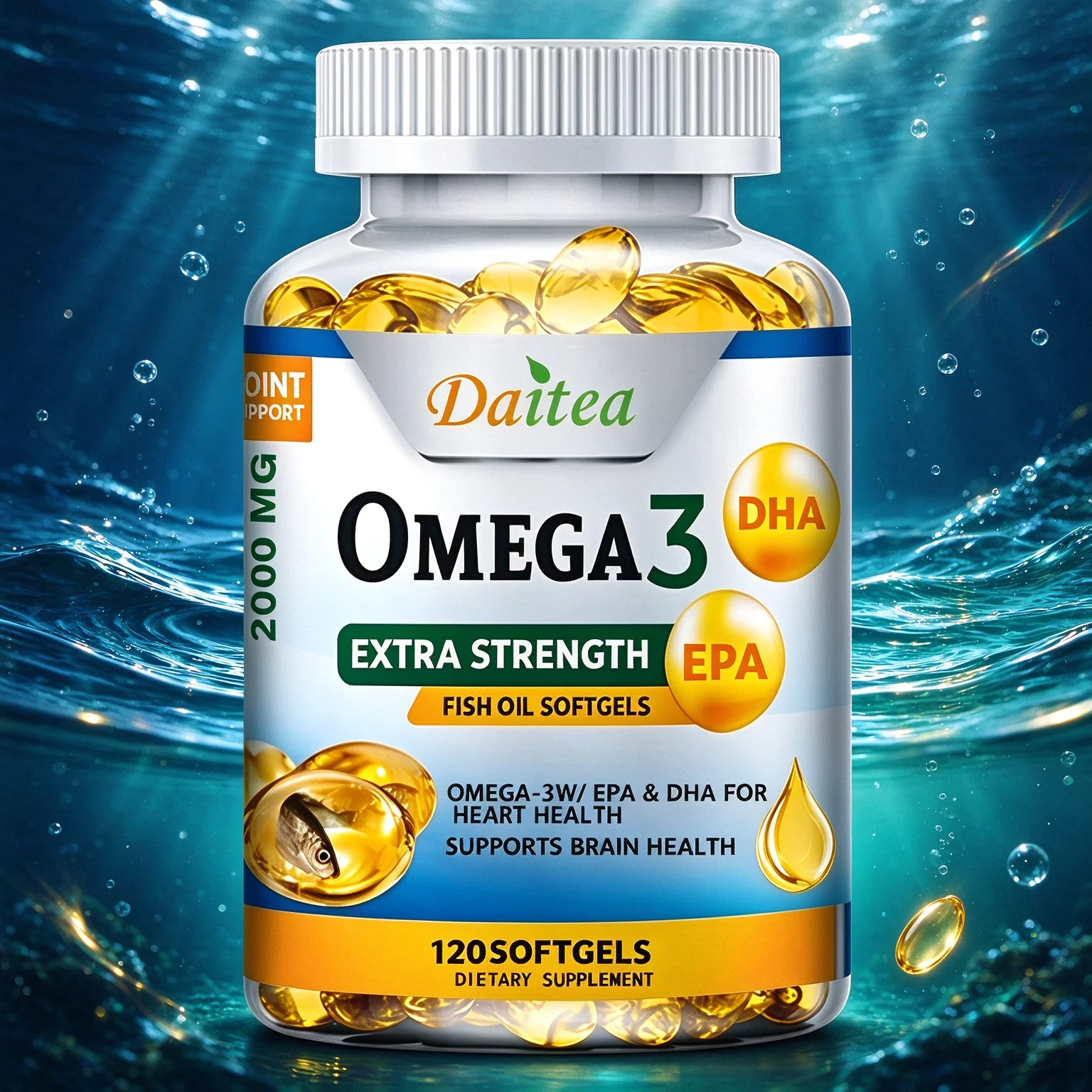 Daitea Omega 3 Fish Oil, EPA & DHA 2000 Mg, Overall Health and Immune Support, Non-GMO, Gluten Free, 120 Capsules