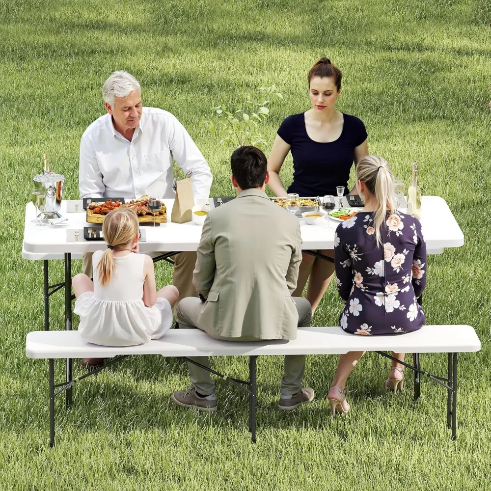 طاولة نزهة مقاس 6 بوصات مع مقعدين، و3 قطع طاولة تخييم قابلة للطي HDPE بيضاء اللون للفناء والحديقة