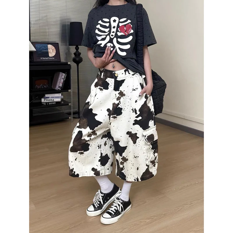 

YIBASHU Summer Women American Retro Punk Apricot Cargo Denim Shorts Y2K 2000s Japanese Harajuku Jorts Jeans Calf-Length Pants