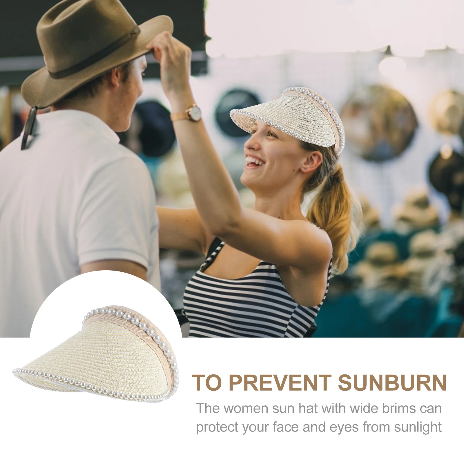 

1pcs Women Sun Hat Wide Brim Pearl Decor Hollow Out Straw Summer Hat For Beach Travel Outdoor Sports Casual Wear