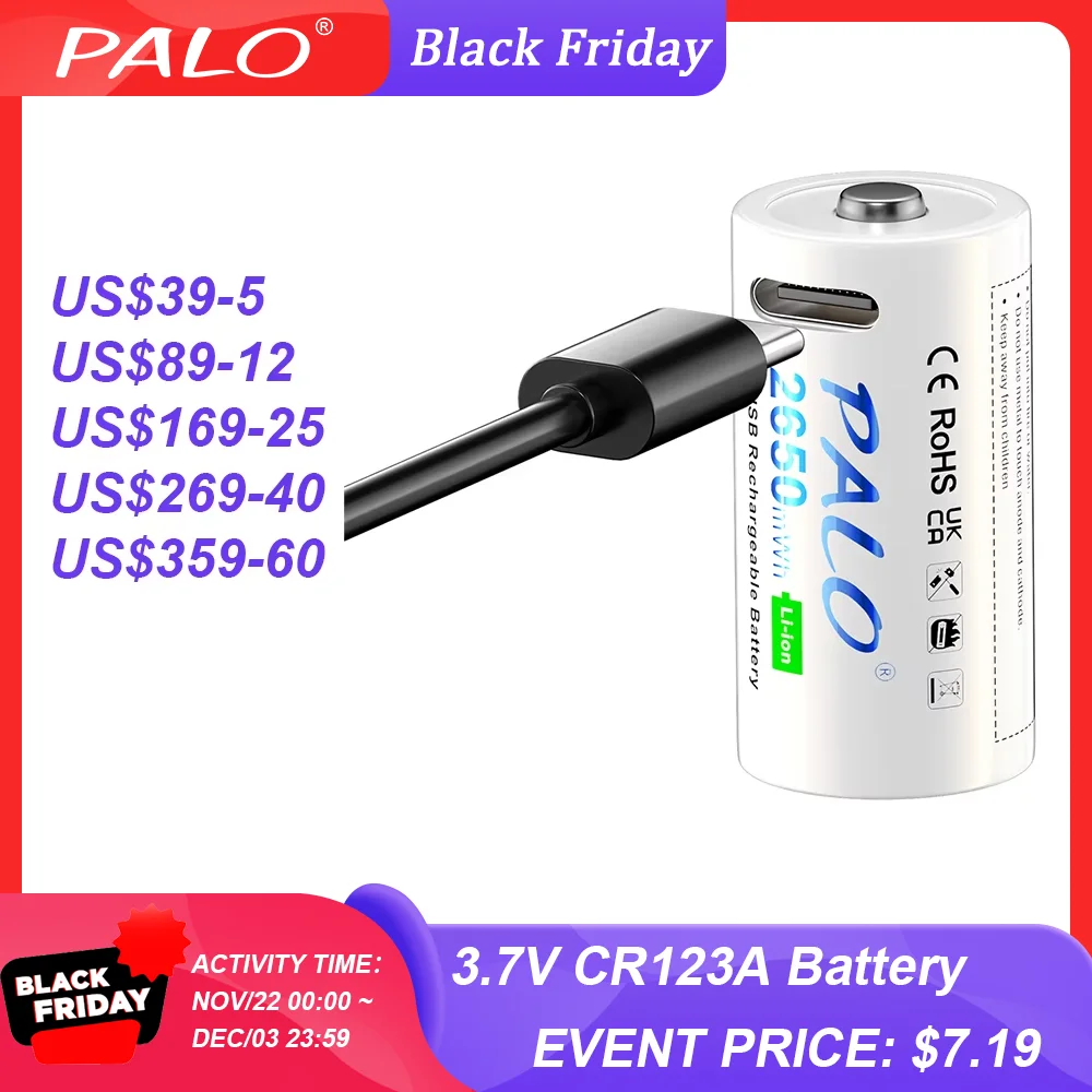 PALO 3.7V CR123A CR123 USB Rechargeable Battery 2650mWh 16340 16350 RCR123 Lithium ion Batteries For flashlight Camera