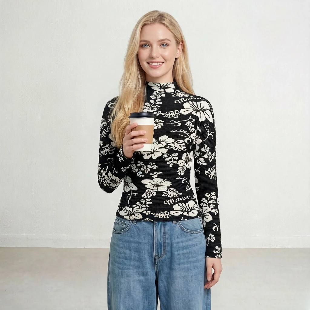 

Miyake Pleated 2026 Spring/Summer New Arrival Half-High Neck Printed Long-Sleeved T-Shirt for Women Pleated Base Layer Top