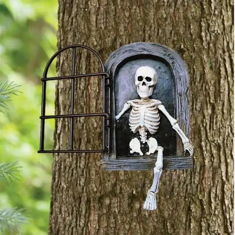 1 Pcs New Creative Gothic Skeleton Resin Ornament Halloween Hanging Sculpture Home Garden Window Haunted House Layout Supplies