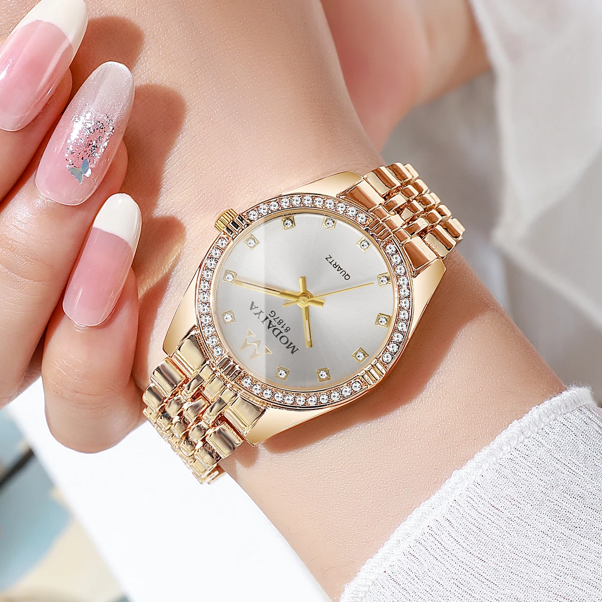 Women's Rose Gold Plated Diamond Bezel Quartz Watch with White Dial Fashion Steel Band Wristwatch for Party Gift