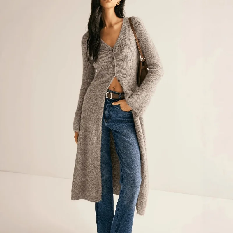 

Vintage Maxi Cardigan Dress Elegant V-Neck Slim Flare Sleeve Single Breasted Knitted Dress Slim Bodycon A-Line Sweater Women