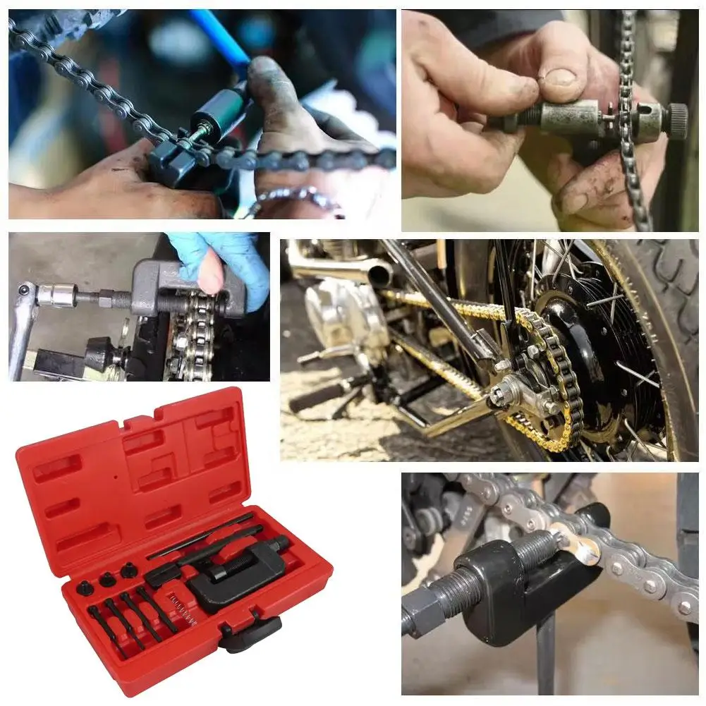 

13PCS Versatile Chain Repair Tool Set Motorcycle Chain Case W/h Splitter Red Bike Remover Heavy Riveter Duty Motorcycle Lin O8I1
