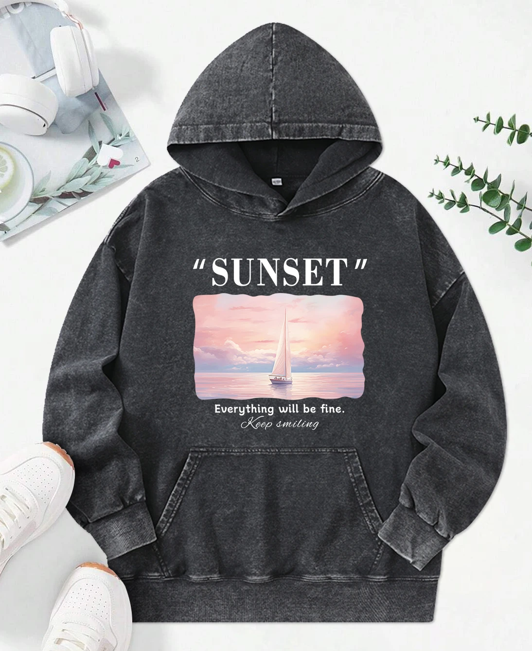 Sunset Scenery Personality Print Washed Hoodie Women Couple Hip Hop Loose Hoody Autumn Cotton Streetwear All-Match Soft Hoodies