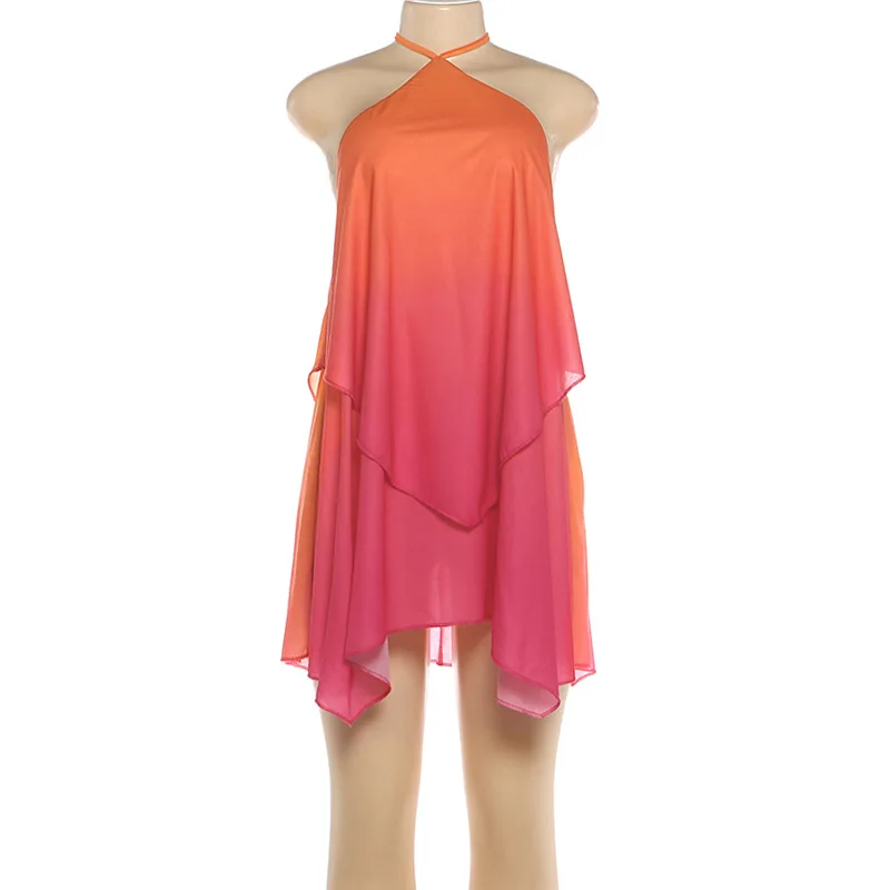 Robe Courte Élégante Dégradée à Col Halter pour Femme, Été 2026, Dos Nu, en Chiffon Superposé Fluide, Idéale pour les Vacances et les Fêtes à la Plage