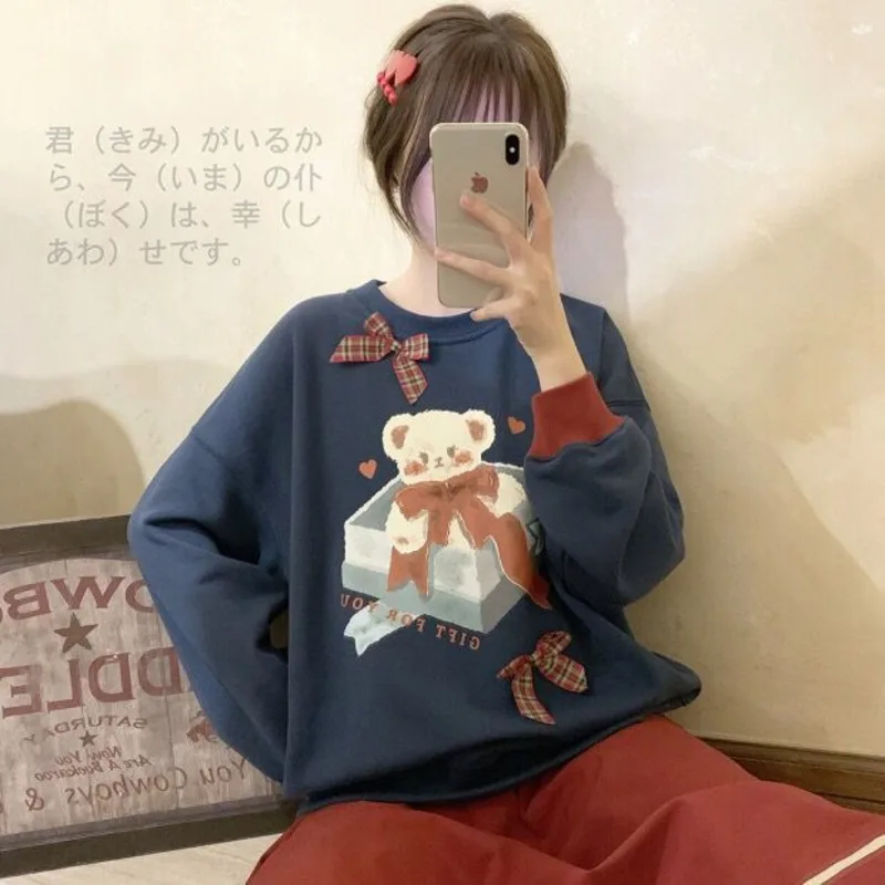 Japanese Cute Hoodies Women Bow Stitching Cartoon Bear Print Sweatshirt Harajuku Streetwear Y2k Pullover Tops Sweet Outwear