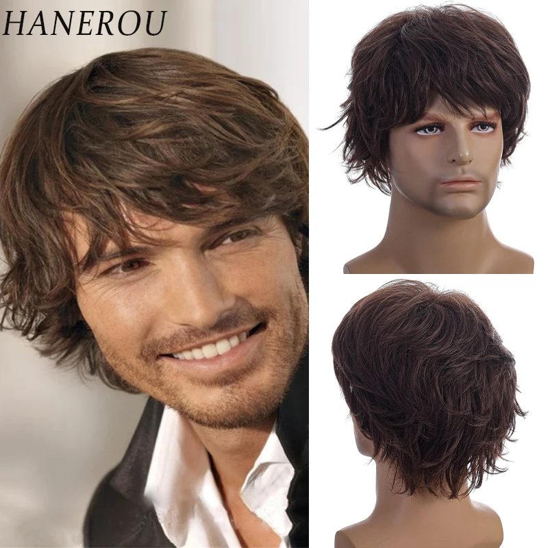 HANEROU Short Brown Synthetic Wig Men Natural Straight Wavy Heat Resistant Wig for Daily Party Cosplay