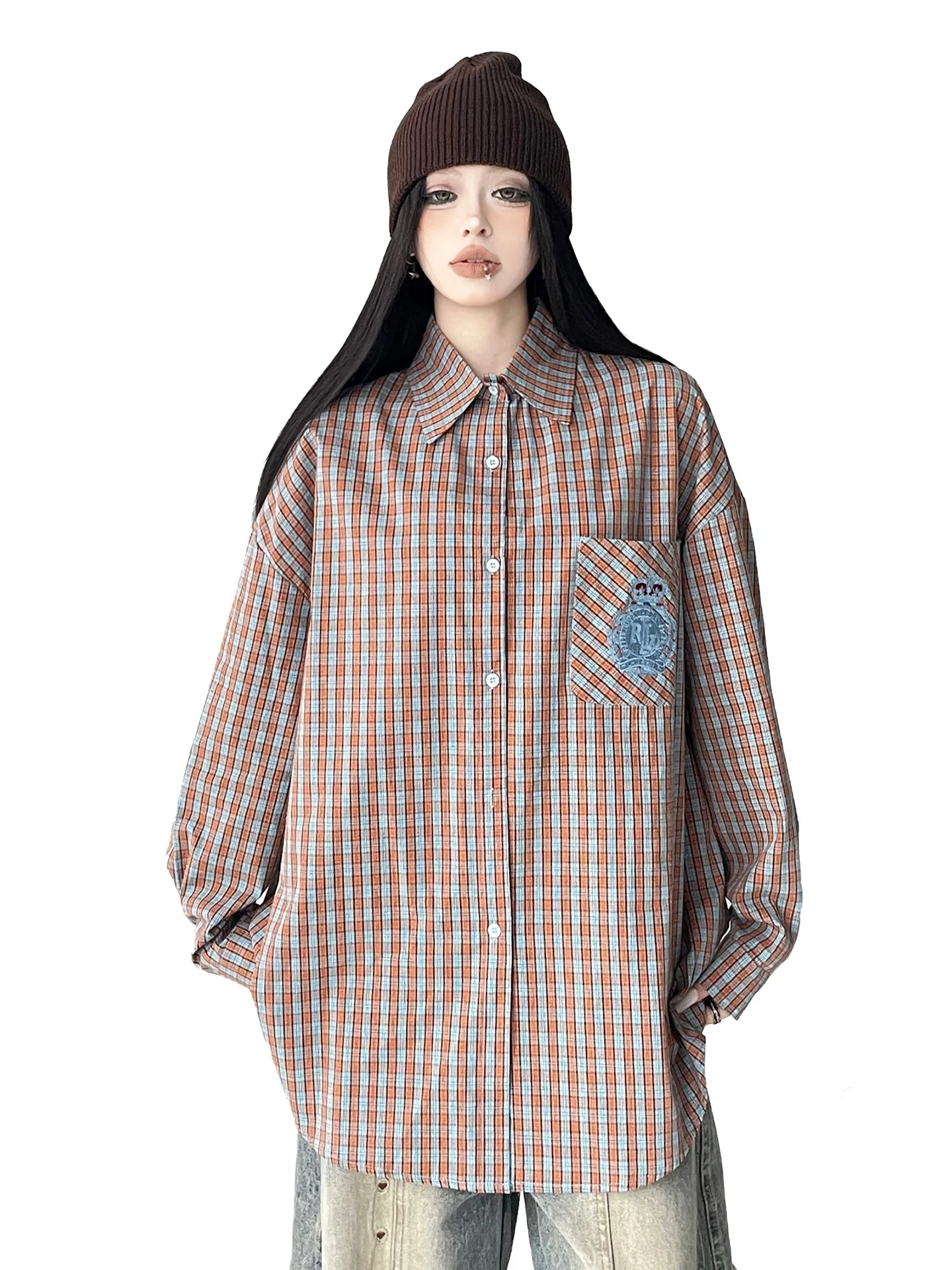 

Женский многослойный топ в американском стиле в стиле ретро в американском стиле, весенний ранний хлопок из лайкры, длинный свек, свободный крой на пуговицах