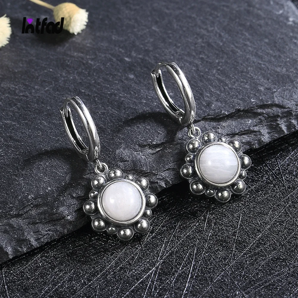 

Natural Moonstone Hoop Earrings 925 Sterling Silver Ear Jewelry for Women Wedding Engagement Party Fashion Retro Style Gift