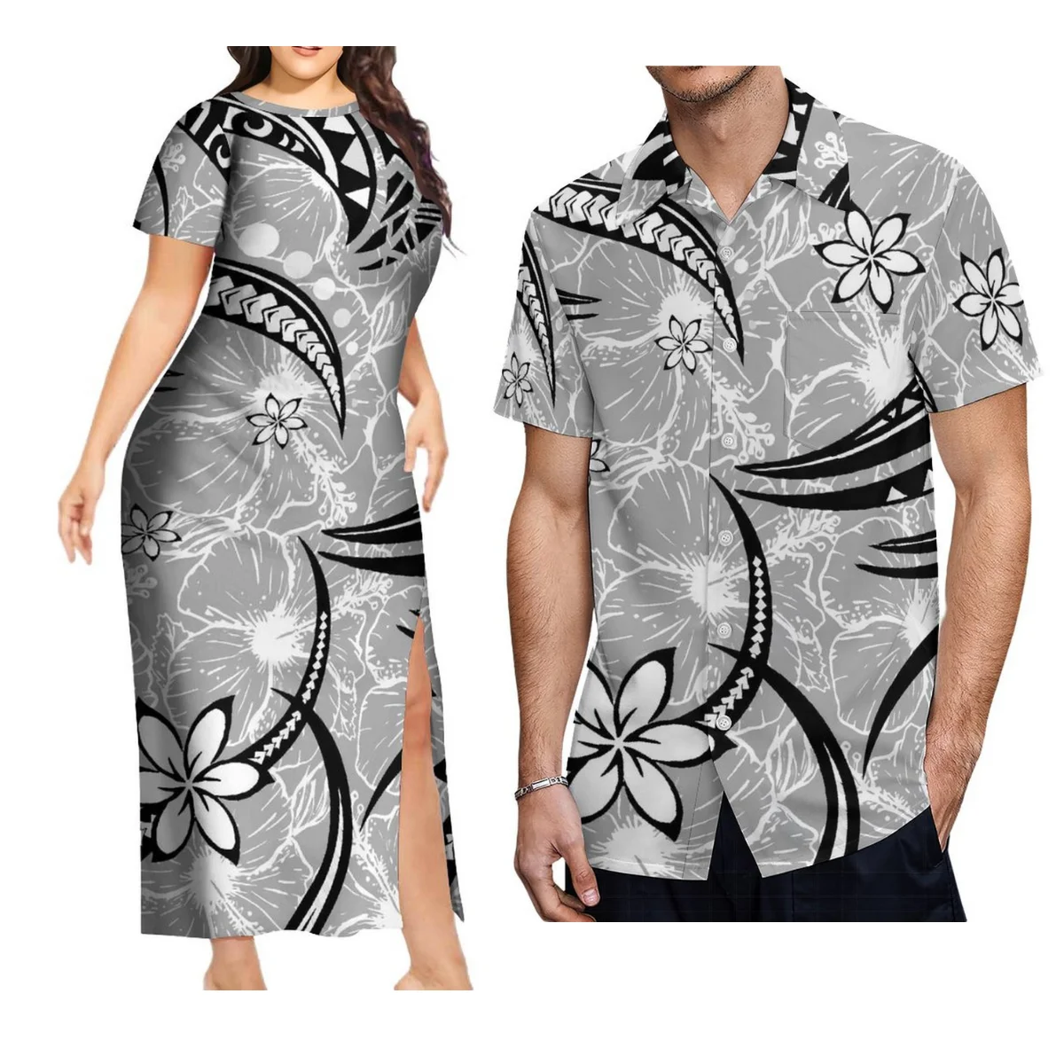 하와이 꽃 프린트 통가 부족 커플 세트, 퍼시픽 아일랜드 커스텀 커플 세트, 새로운 스타일의 여성 랩스커트