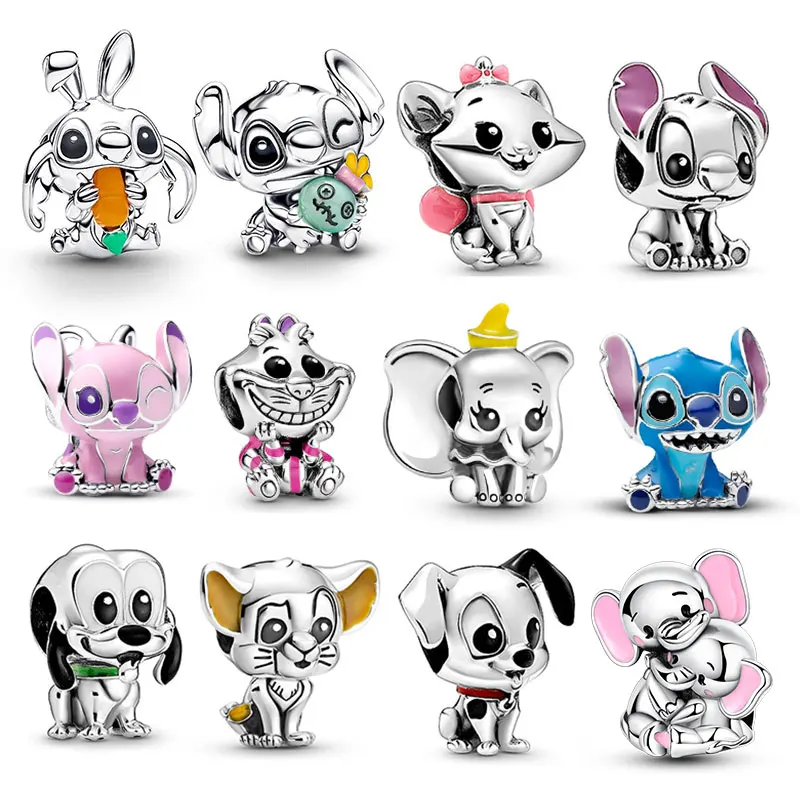 

New in Disney 3D Cartoon Stitch & The Elephant Charms Beads Fits 3mm Original Charms 925 Silver Bracelet Womens DIY Jewelry Gift