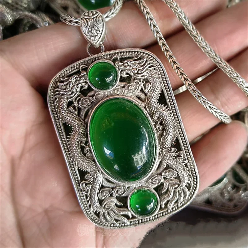 Mai Chuang/Tibetan Silver Ethnic Style Retro Old Double Dragon Hollow Necklace Men and Women Fine Jewelry Exquisite Fashion Gift