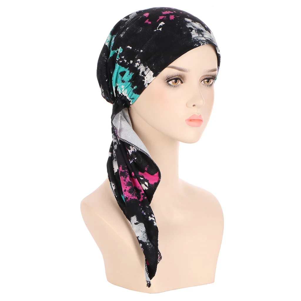 Trendy Flower Print Hijab Turban Hats Boho Long Tail Head Wraps Elastic Pirate Hats Breathable Chemo Cap For Women Girls