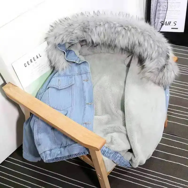 Women's Denim Fleece Lined Winter Warm Coat Hooded Jacket With Big Fur Collar Thickened Casual