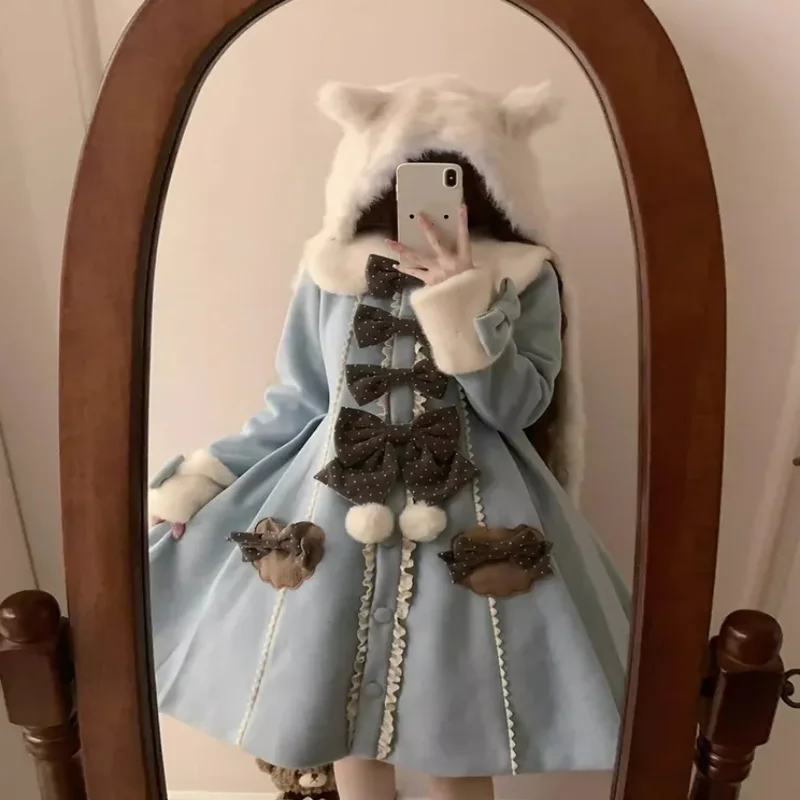 Japanese Lolita Sweet Cute Slimming Chaquetas Long-Sleeved Single-Breasted Jacket Women's Kawaii Top Bow Princess Long Coat