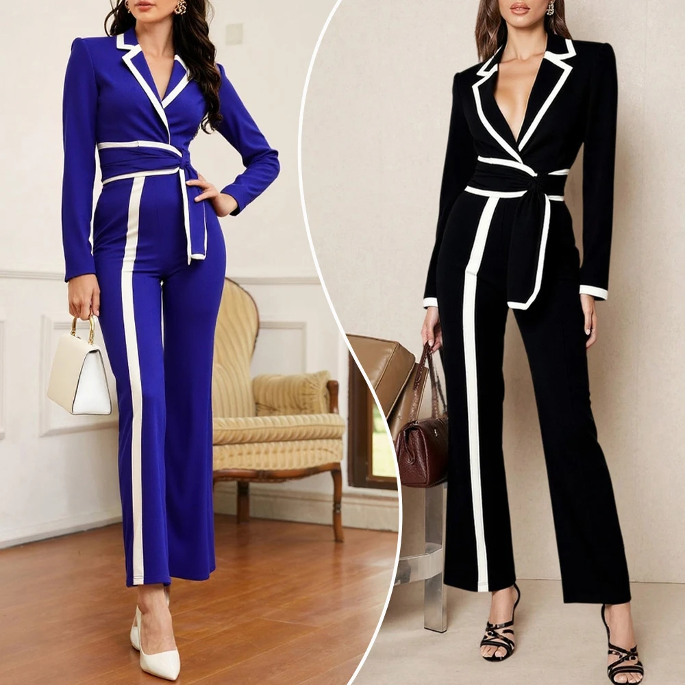 

Women's Jumpsuit Contrast Color Trim Autumn Royal Notched Lapel Belted Waist Long Jumpsuits Woman Evening Elegant Overalls