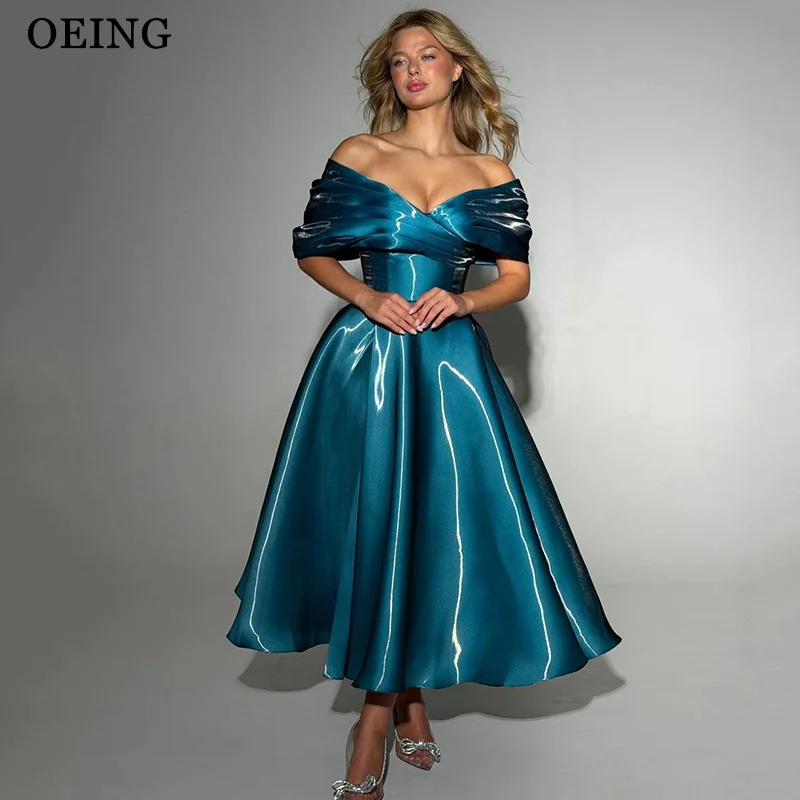 OEING Vestidos de fiesta vintage de corte A, midi, azul verdoso, de satén, con volantes, con hombros descubiertos, vestido formal de fiesta, vestidos de cóctel personalizados