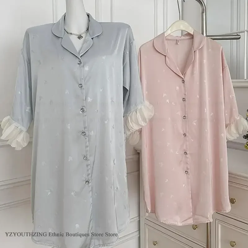 

Сексуальная ночная рубашка с коротким рукавом, новая летняя женская пижама, домашнее платье, шелковое атласное свободное бронзовое ночное платье, одежда для дома