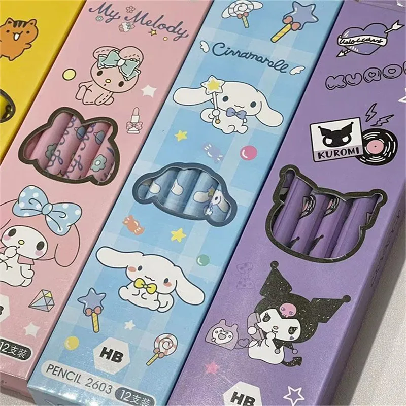 12 sztuk/pudło ołówkowych Sanrio Kawaii Cinnamoroll moja melodia Kuromi HB czarne ołówki do pisania podstawowe dla uczniów uczących się sprzętu