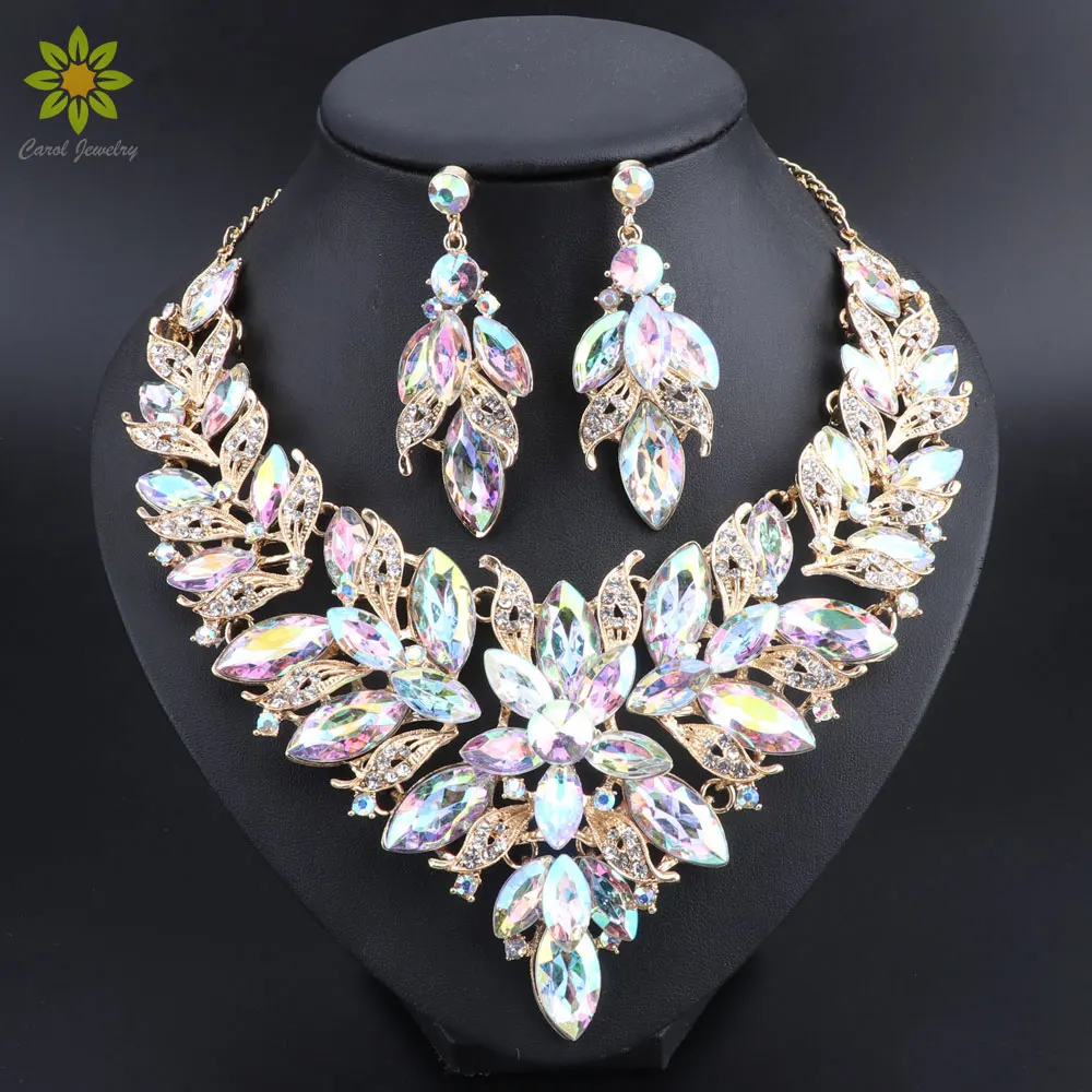 Fashion Necklace Earring Sets Bridal Jewelry Sets AB Color Crystal Party Wedding Costume Accessories Decoration Gift for Women