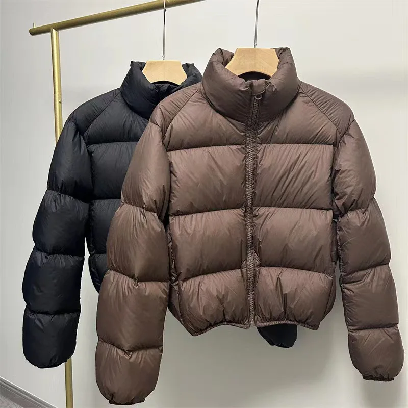Women Winter Stand Collar Short Down Coat Fluffy Thick Warm Color Solid Outerwear Duck Down Flilling Loose Casual Puffer Coat