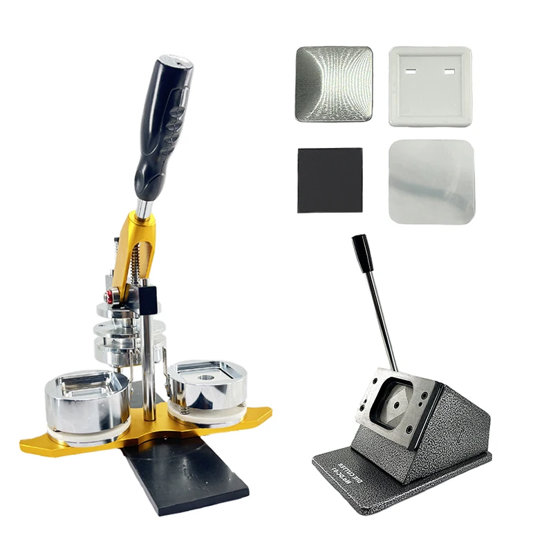

50*50 mm square Pin Badge Making Machine with 50*50 mm Paper Cutter and 100pcs 50*50 mm square Magnetic Badge Button Material