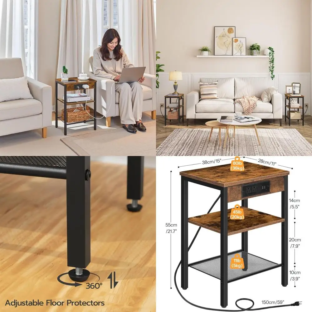 

2-Piece Side Table Set with Charging Station & USB Port, Ideal for Small Spaces, 3-Tier Nightstands in Rustic Brown