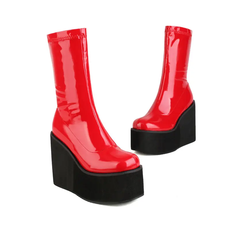 Foam Light Sole Platform Wedges High Heels Girls Shoes Patent PU Leather Red White Ankle Stretch Booties Gothic Women Flat Boots