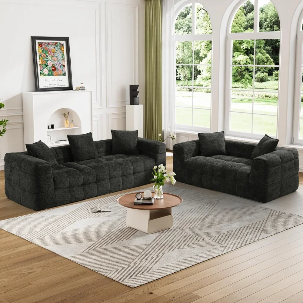 

2 Piece Cloud Sofa Set, Comfy Upholstered Chenille Deep Seat 3 Seater and 2 Seater Couches Black Grey Living Room Set, Modern