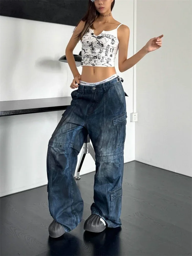 Women's Dirty Stained Multiple Pockets Jeans Cool Girl Wide Leg Vintage Pants Female Casual High Waist Unisex Denim Trousers