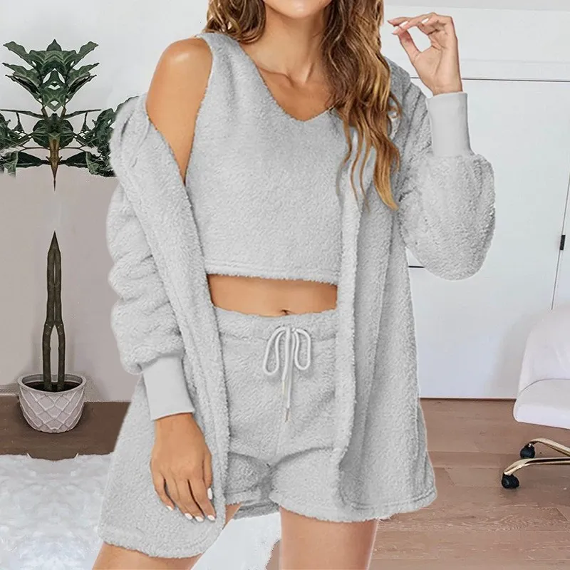 3PCS/Set Thickened Warm Women Pajamas Solid Home Wear Long-Sleeved Long Plush Camisole Jacket Vest Sports Suit Soft Sleepwear