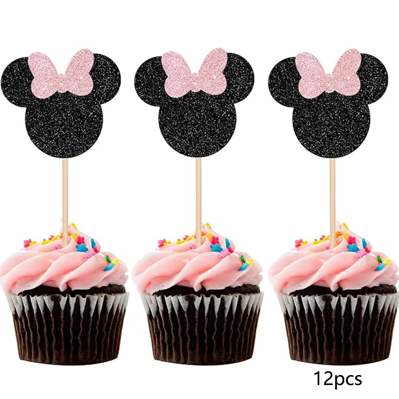 12 Stück Mausförmige Tortendekorationen, Mini-Papier-Cupcake-Topper mit Glitzernden Schleifen, Hochzeit, Geburtstag, Party-Tortendekorationen – Detail 9