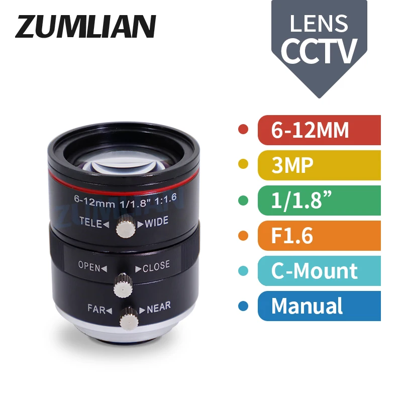 ZUMLIAN 6-12mm Zoom C Mount Lens 1/1.8'' Manual Iris 3MP Machine Vision Lens F1.6 Manual Focus 1600P CCTV Surveillance Cameras