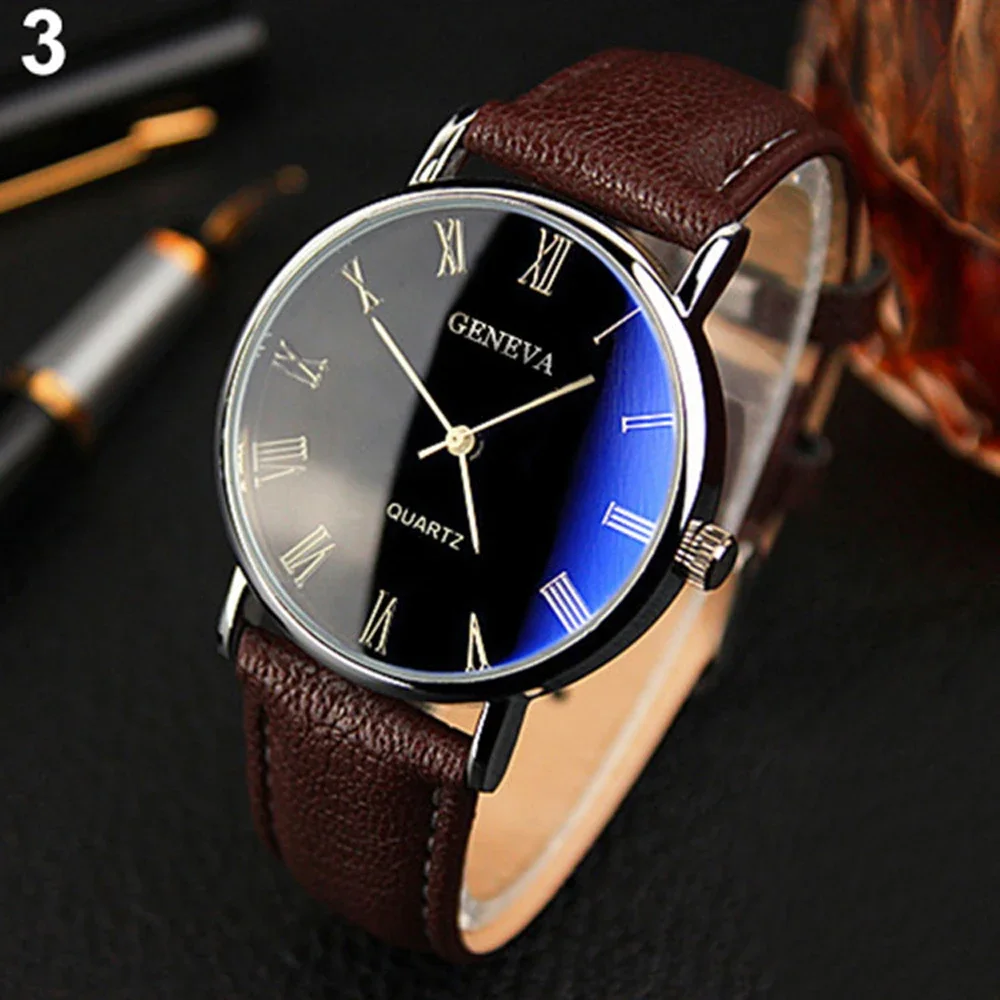 Hot Sale New 2024  Geneva Men Watch Roman Numerals Blu-Ray Faux Leather Band Quartz Analog Business WristWatch