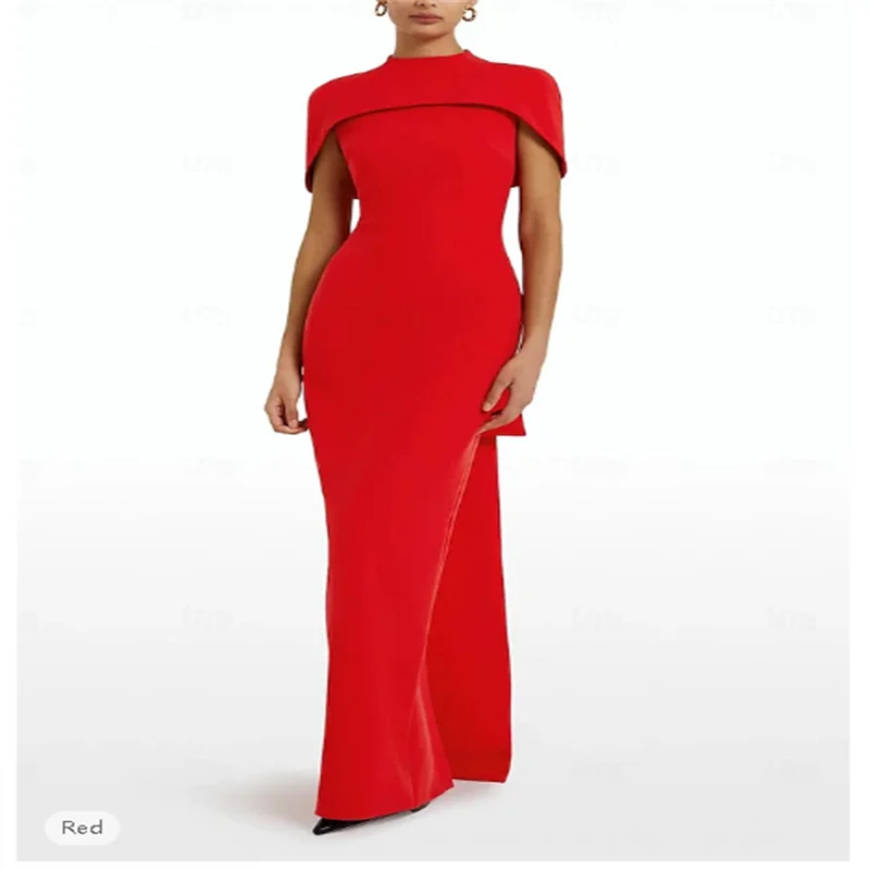 

Red Sheath Evening Gown Elegant Dress Formal Sweep / Brush Train Sleeveless Jewel Neck Stretch Crepe with Bow(s) 2025 Customized