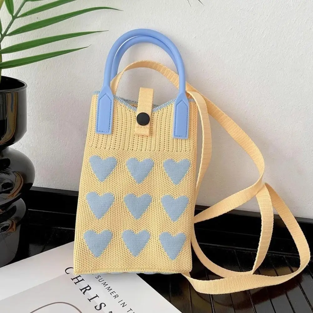 

Love Knitted Mobile Phone Bag Silicone Handle Mini Knitted Crossbody Bag Cute Korean Women Mini Shoulder Bag Female Lady Girl