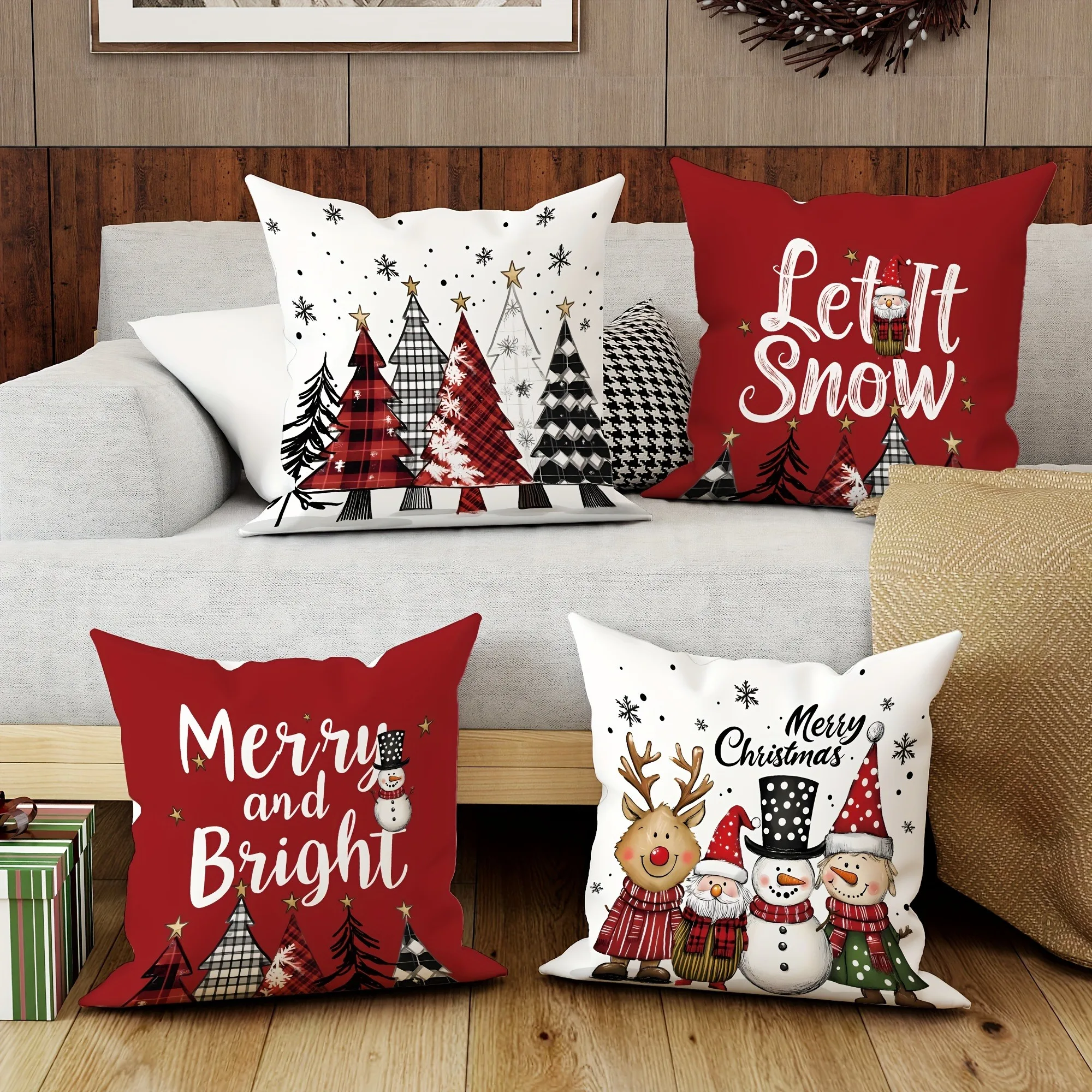 VIKAMA Christmas Cushion Cover Snowflake Christmas Tree Double-Sided Print Living Room Sofa Cushion Cover Festive Home Decor