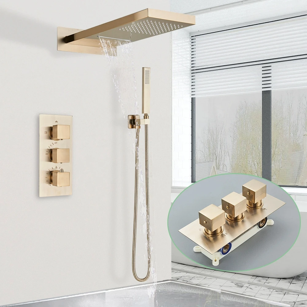 

Thermostatic Bathroom Shower Faucet Luxury Brushed Gold Wall Mounted Waterfall Rainfall Head System Concealed Embedded Mixer Tap