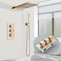 Thermostatic Bathroom Shower Faucet Luxury Brushed Gold Wall Mounted Waterfall Rainfall Head System Concealed Embedded Mixer Tap