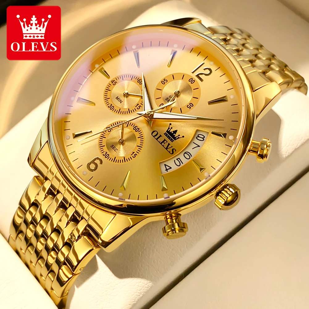 

OLEVS Top Luxury Brand Men's Watches Gold Calendar Chronograph Waterproof Quartz Watch for Man Stainless Steel Original Luminous