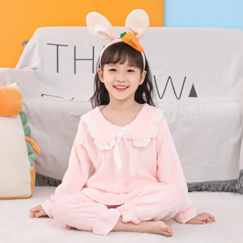 New Kids Flannel Pajama Sets Girls Autumn Pajamas Winter Thicken Warm Home Wear Cartoon Lapel Long Sleeve Sleeping Clothing