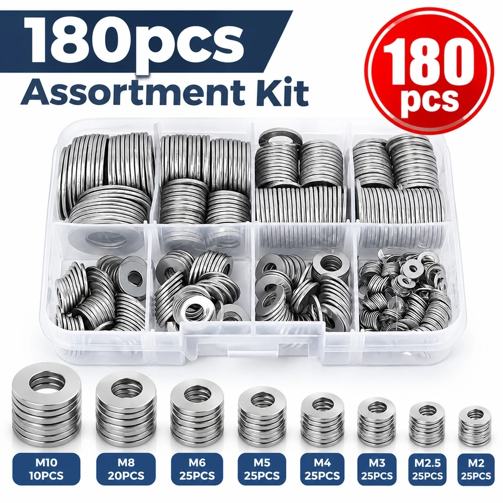 Polished 304 SS Washers M2-M10 Pack 180 Pcs Durable Corrosion Proof Fasteners for Workshop and Garage Storage Solutions